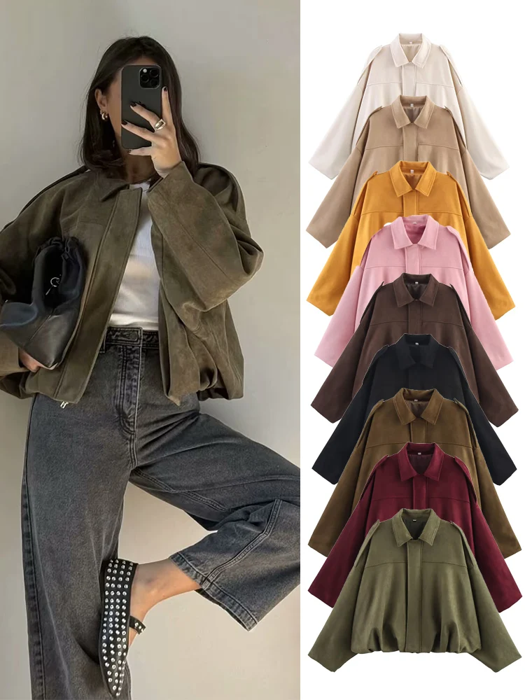 S47053a5b6fc543b0bae6c3af88181510l-1.webp TFMLN Women Suede Bomber Jacket Spring New Fashion Long Sleeve Zipper Oversize Solid Bomber Coat Chic Lady 2025 Streetwear - Image 1